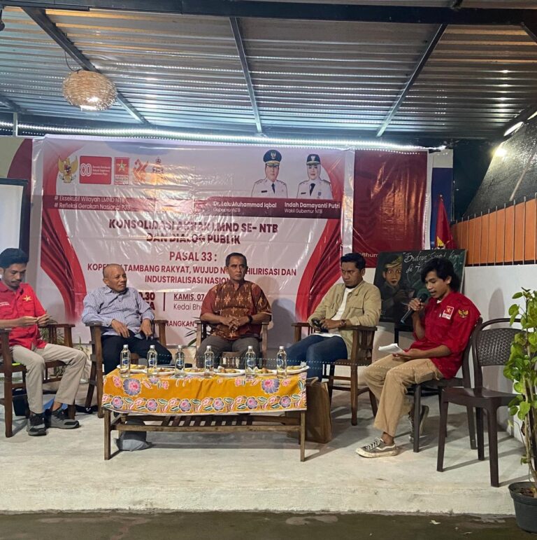 Konsolidasi Akbar LMND Se-NTB dan Dialog Publik dengan tema “Pasal 33 tentang Koperasi Tambang Rakyat, Wujud Nyata Hilirisasi dan Industrialisasi Nasional”.